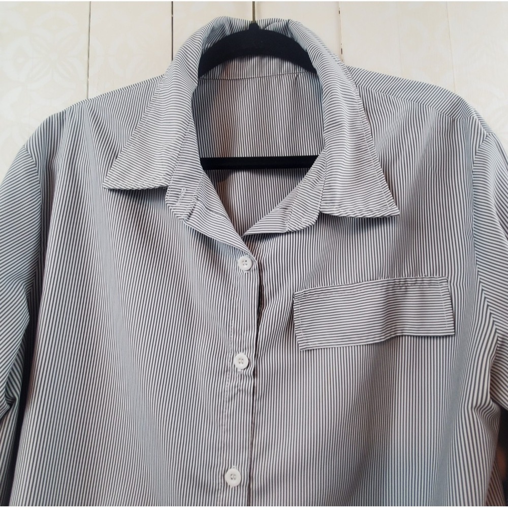 Womens Navy Pinstripe Shirt Dress Tie Waist Button Up Long Sleeve Office Size L - Picture 9 of 9